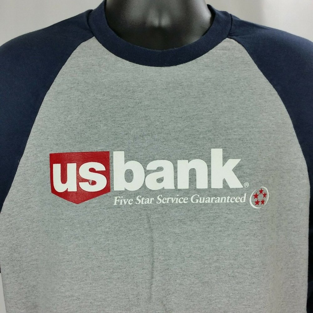 US Bank Womens Large Gray Baseball Tee Shirt 3/4 Sleeve Blue Sleeve Five Star